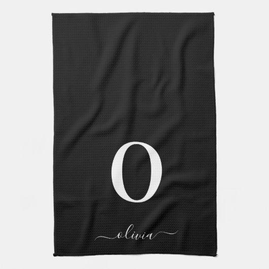 Monogram Script Name Personated Black and White Theedoek (Verticaal)