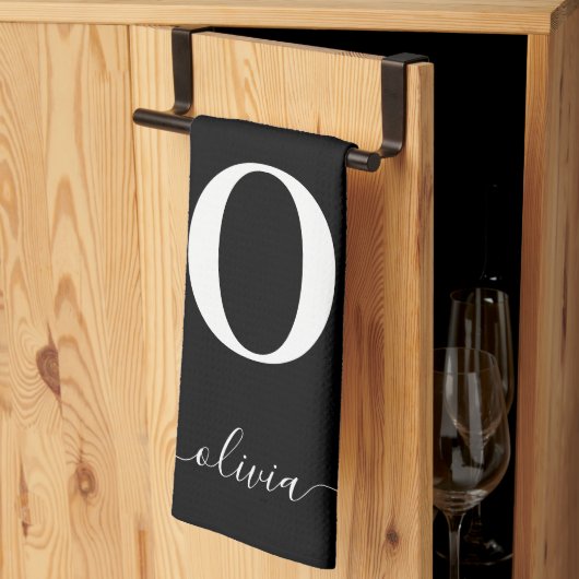 Monogram Script Name Personated Black and White Theedoek (Derde Gevouwen)