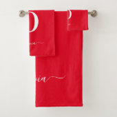 Monogram Script Name Personated Red and White Bad Handdoek (Insitu)