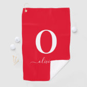 Monogram Script Name Personated Red and White Golfhanddoek (Insitu)