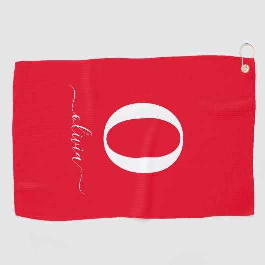 Monogram Script Name Personated Red and White Golfhanddoek (Horizontaal)