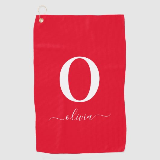 Monogram Script Name Personated Red and White Golfhanddoek (Voorkant)