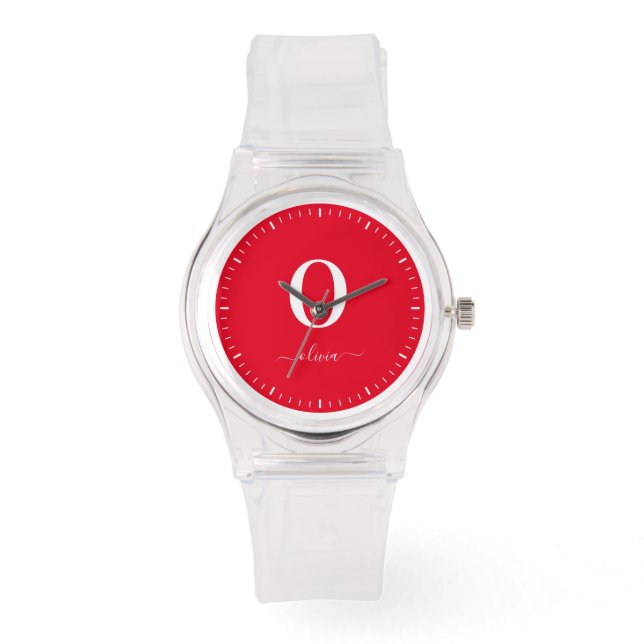 Monogram Script Name Personated Red and White Horloge (Voorkant)