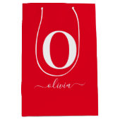 Monogram Script Name Personated Red and White Medium Cadeauzakje (Voorkant)