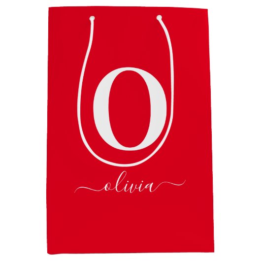 Monogram Script Name Personated Red and White Medium Cadeauzakje (Voorkant)