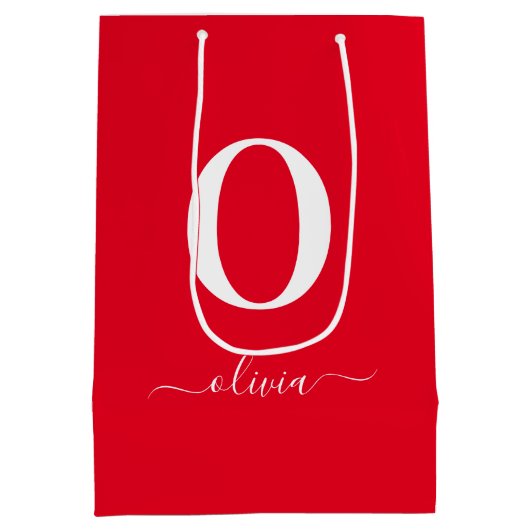 Monogram Script Name Personated Red and White Medium Cadeauzakje (Achterkant)