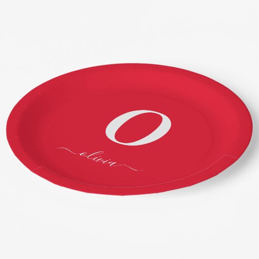 Monogram Script Name Personated Red and White Papieren Bordje (Gekanteld)