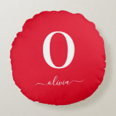 Monogram Script Name Personated Red and White Rond Kussen (Voorkant)