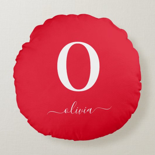 Monogram Script Name Personated Red and White Rond Kussen (Voorkant)