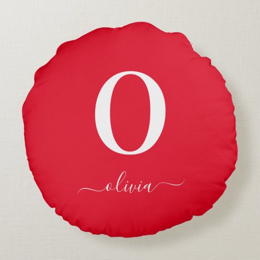 Monogram Script Name Personated Red and White Rond Kussen (Achterkant)