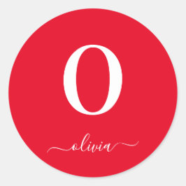 Monogram Script Name Personated Red and White Ronde Sticker