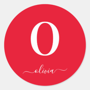 Monogram Script Name Personated Red and White Ronde Sticker