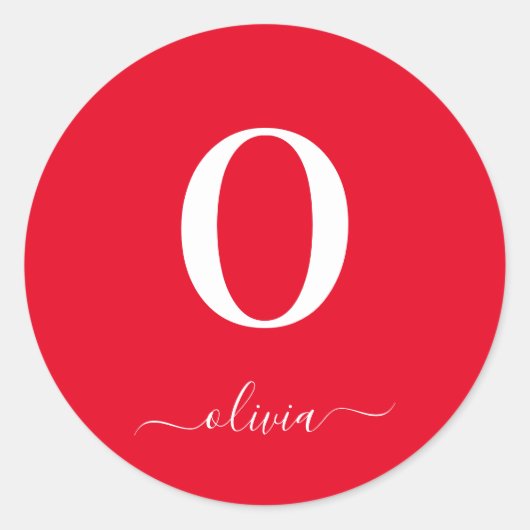 Monogram Script Name Personated Red and White Ronde Sticker (Voorkant)