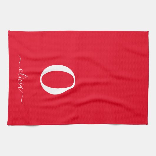 Monogram Script Name Personated Red and White Theedoek (Horizontaal)