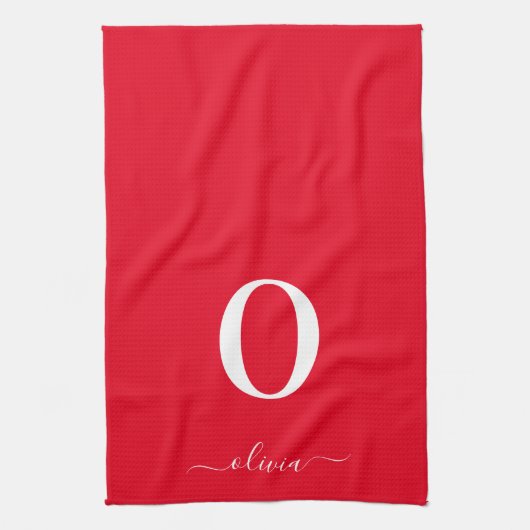 Monogram Script Name Personated Red and White Theedoek (Verticaal)