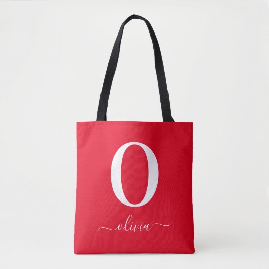 Monogram Script Name Personated Red and White Tote Bag (Voorkant)