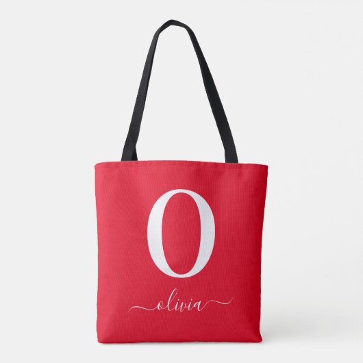 Monogram Script Name Personated Red and White Tote Bag (Achterkant)