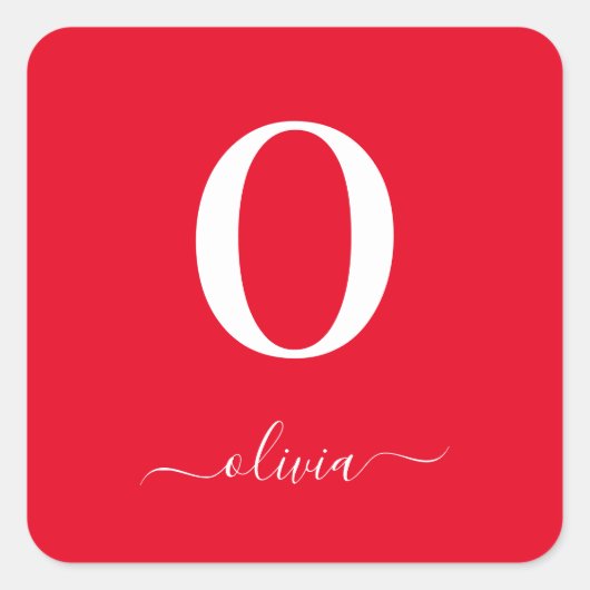 Monogram Script Name Personated Red and White Vierkante Sticker (Voorkant)
