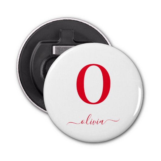 Monogram Script Name Personated White and Red Button Flesopener (Voorkant)