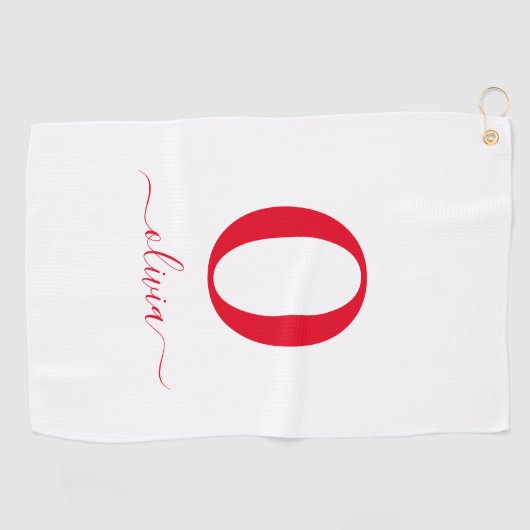 Monogram Script Name Personated White and Red Golfhanddoek (Horizontaal)