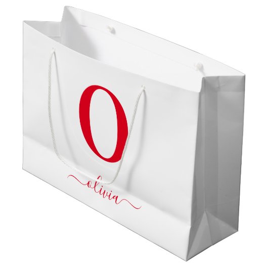 Monogram Script Name Personated White and Red Groot Cadeauzakje (Voorkant Gekanteld)