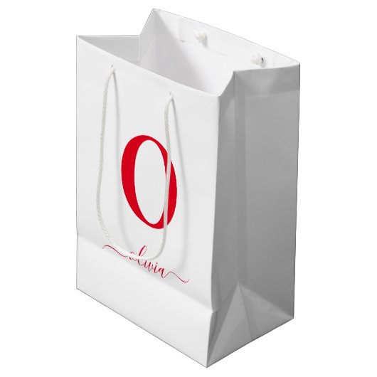 Monogram Script Name Personated White and Red Medium Cadeauzakje (Voorkant Gekanteld)