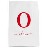 Monogram Script Name Personated White and Red Medium Cadeauzakje (Voorkant)