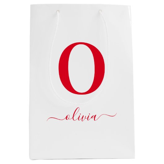 Monogram Script Name Personated White and Red Medium Cadeauzakje (Voorkant)