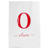 Monogram Script Name Personated White and Red Medium Cadeauzakje (Achterkant)