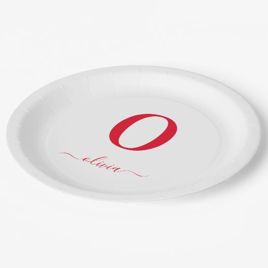 Monogram Script Name Personated White and Red Papieren Bordje (Gekanteld)