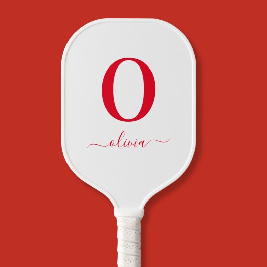 Monogram Script Name Personated White and Red Pickleball Paddle