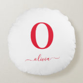 Monogram Script Name Personated White and Red Rond Kussen (Voorkant)