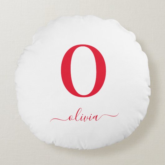 Monogram Script Name Personated White and Red Rond Kussen (Voorkant)