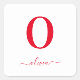 Monogram Script Name Personated White and Red Vierkante Sticker