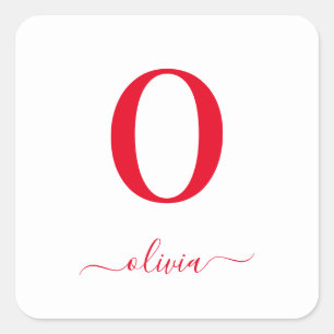 Monogram Script Name Personated White and Red Vierkante Sticker