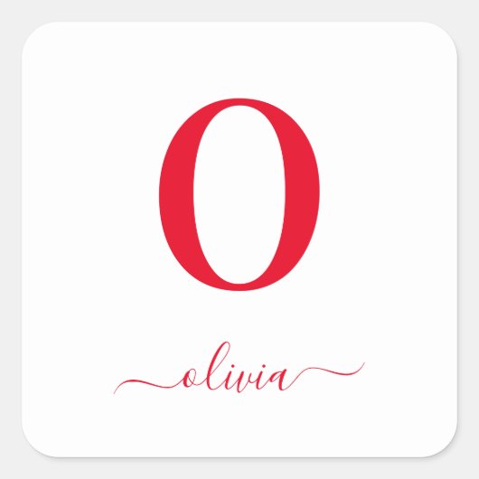 Monogram Script Name Personated White and Red Vierkante Sticker (Voorkant)