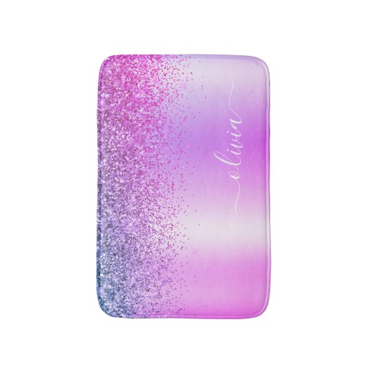 Monogram Script Paars Glitter Girly Name Badmat (Voorkant Verticaal)