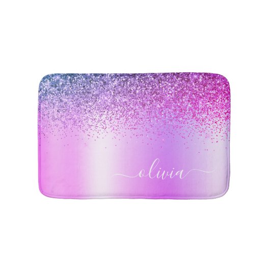 Monogram Script Paars Glitter Girly Name Badmat (Voorkant)