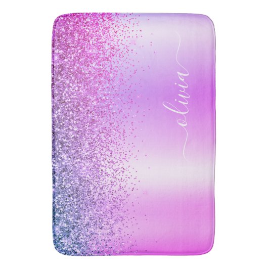 Monogram Script Paars Glitter Girly Name Badmat (Voorkant Verticaal)