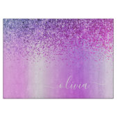 Monogram Script Paars Glitter Girly Name Snijplank (Voorkant)
