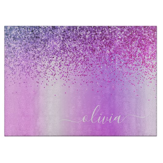 Monogram Script Paars Glitter Girly Name Snijplank (Voorkant)