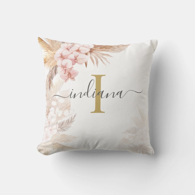 Monogram Script Pampas Grass Name Terracotta Buitenkussen (Voorkant)
