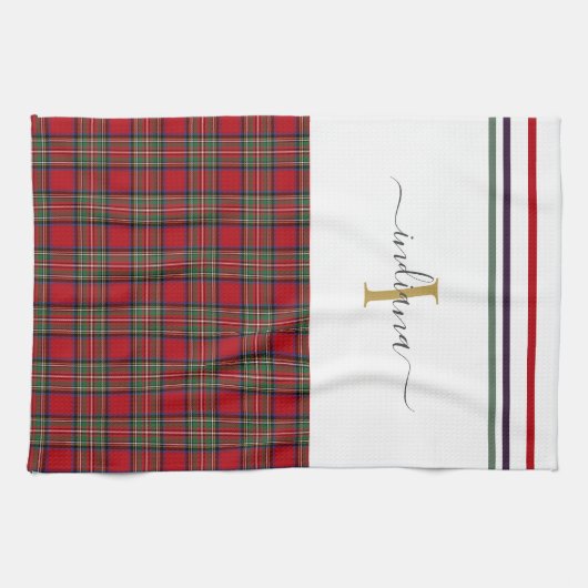 Monogram Script Plaid Tartan Stewart Rustic Theedoek (Horizontaal)