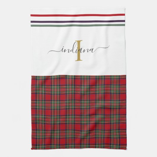 Monogram Script Plaid Tartan Stewart Rustic Theedoek (Verticaal)