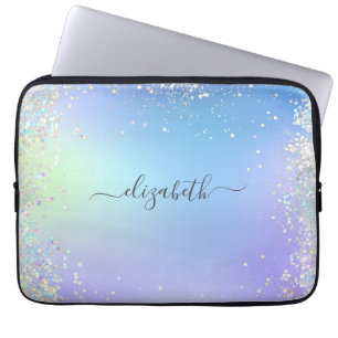 Monogram Script Regenboog Glitter Blauw Paars  Laptop Sleeve