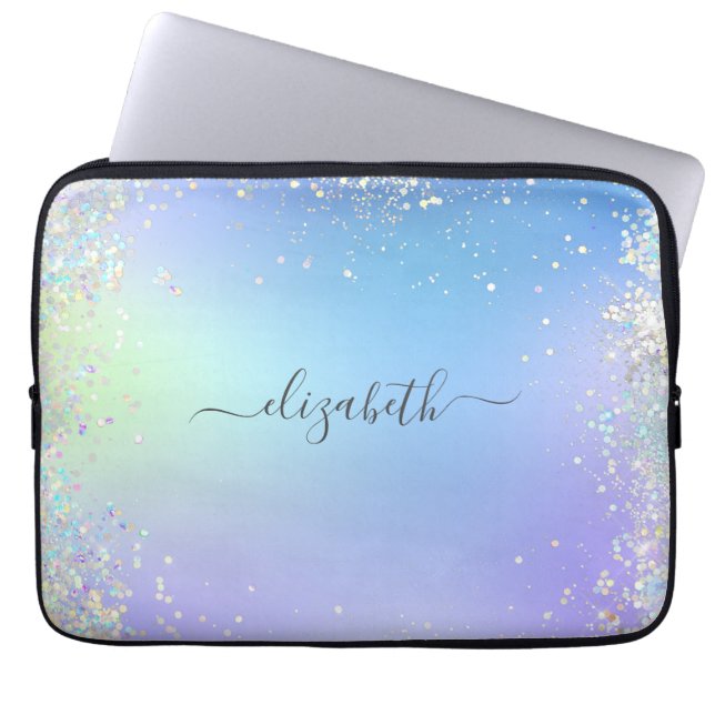 Monogram Script Regenboog Glitter Blauw Paars  Laptop Sleeve (Voorkant)