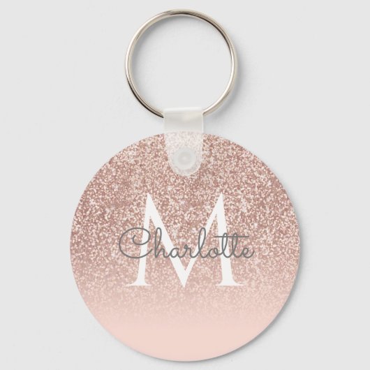 Monogram Script Roze Goud Glitter Blozend Roze Sleutelhanger (Voorkant)