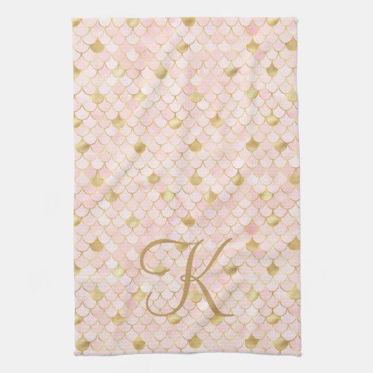 Monogram Script Roze Goud Zeemeermin Schubben Theedoek (Verticaal)