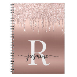 Monogram Script Roze Gouden Metaal Glitter Drips Notitieboek