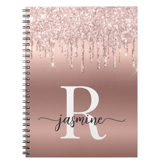 Monogram Script Roze Gouden Metaal Glitter Drips Notitieboek (Voorkant)